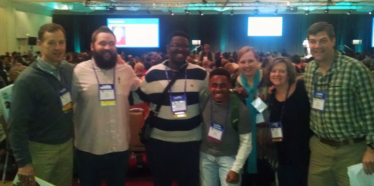 Falling Creek Directors and summer staff leaders at the ACA Conference in Atlanta ran into Sterling Ivy, the mother of a long-time camper from Augusta, GA. Sterling has started “Camp Ivey” as a camp for youth with developmental differences. (l to r) Frank Tindall, Kyle Jeffries, KD Lemons, Zach Rivera, Sterling Ivey, Marisa Pharr, and Yates Pharr.