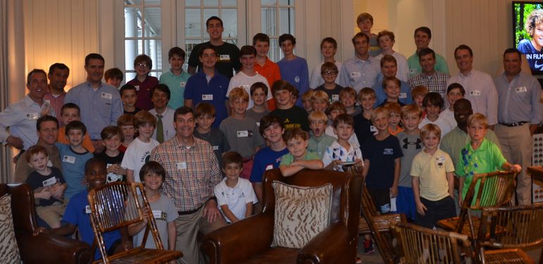 Lots of returning campers, new familes, alumni, staff, and dads who have been to Father/Son weekend enjoyed having their group photo taken.