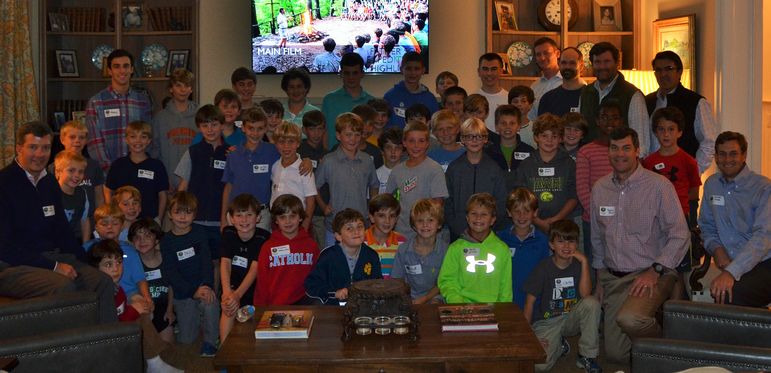 The returning campers, boys that came to learn more about Falling Creek, staff, alumni, and dads who have attended Father/Son Weekend, squeezed in for a great group photo in the Bissell’s beautiful home.