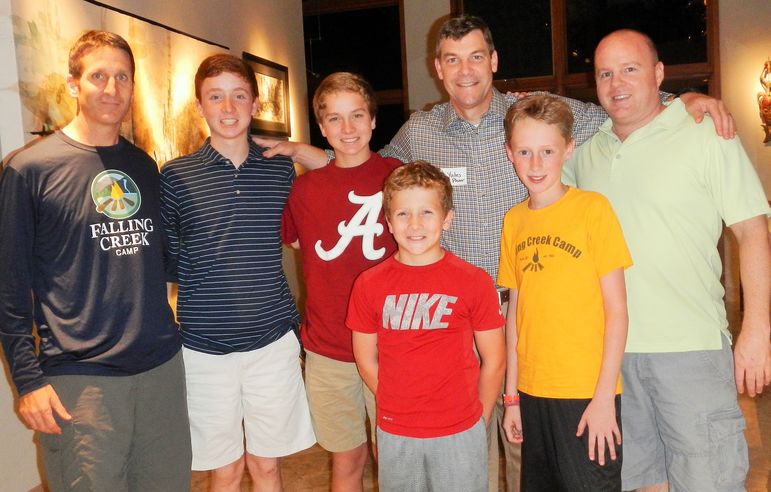Falling Creek alumni and campers reunite (l to r) Rick Broad, Charles, Bennett, Lance, Yates, Whit, and Lucas Horton. Rick and his wife Emily met at Falling Creek and their three boys are veterans at camp. Rick also served as a Program Director at FCC in the early 90’s.