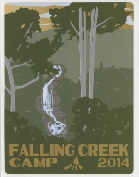 The 2014 Limited Edition Falling Creek Camp Trunk Sticker designed by 2013 staff member Jacob McKee.