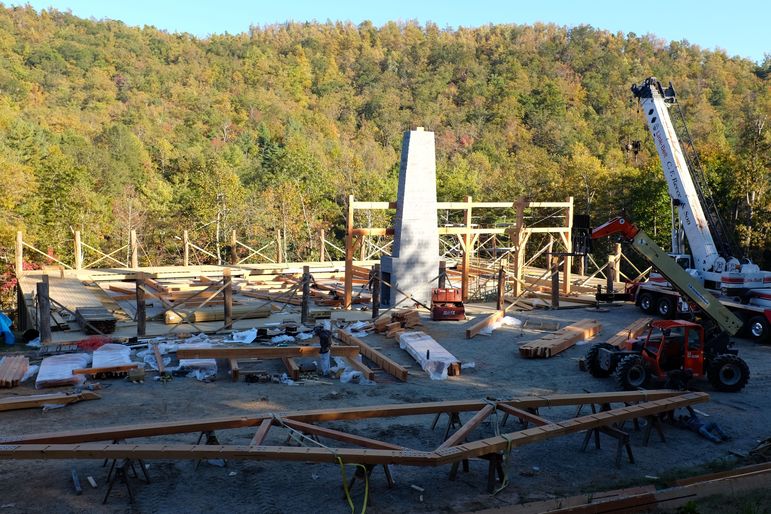 The Douglas Fir Framing Going into place on the Falling Creek Camp Gym 10-25-13
