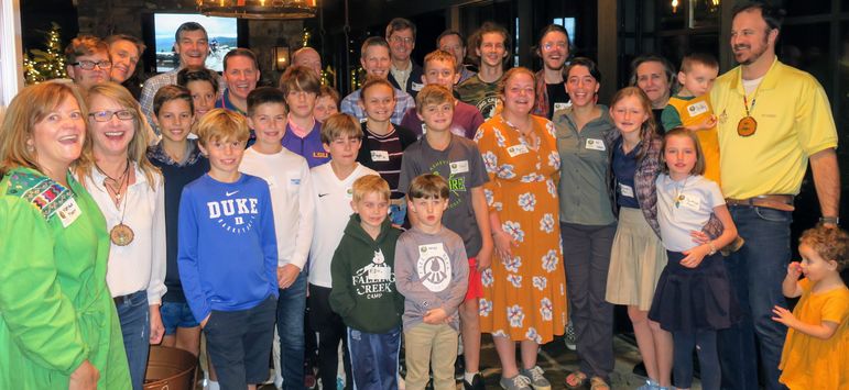 It was a real treat to have so many Falling Creek staff and their families in Asheville, including the Pharr’s, Bates’, Shelley, Paige, Frank, Natasha, Croft, KC, and Scuba and superstar alumni Goody. Dads who have attended Father/Son weekend also joined in with the boys for a fun group photo.