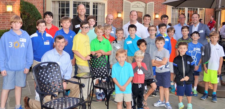 Dads who were Falling Creek Campers years ago and/or who have attended a Father/Son weekend with their son(s) joined the boys for a group photo. Sam Lyons (white staff shirt) came over from Asbury University where he is a senior. Sam is also from the Lexington area and has been at FCC for 11 summers as a camper, CIT, and counselor. Sam is one of our top leaders at camp and we all enjoyed getting to reconnect with him.